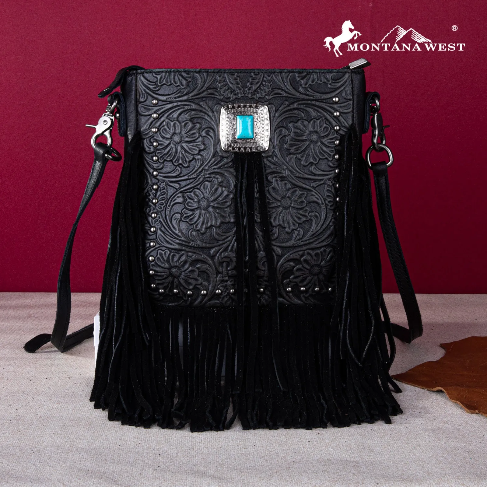 MWR-062 Montana West Genuine Leather Tooled Silver Turquoise Concho Fringe Crossbody - Black