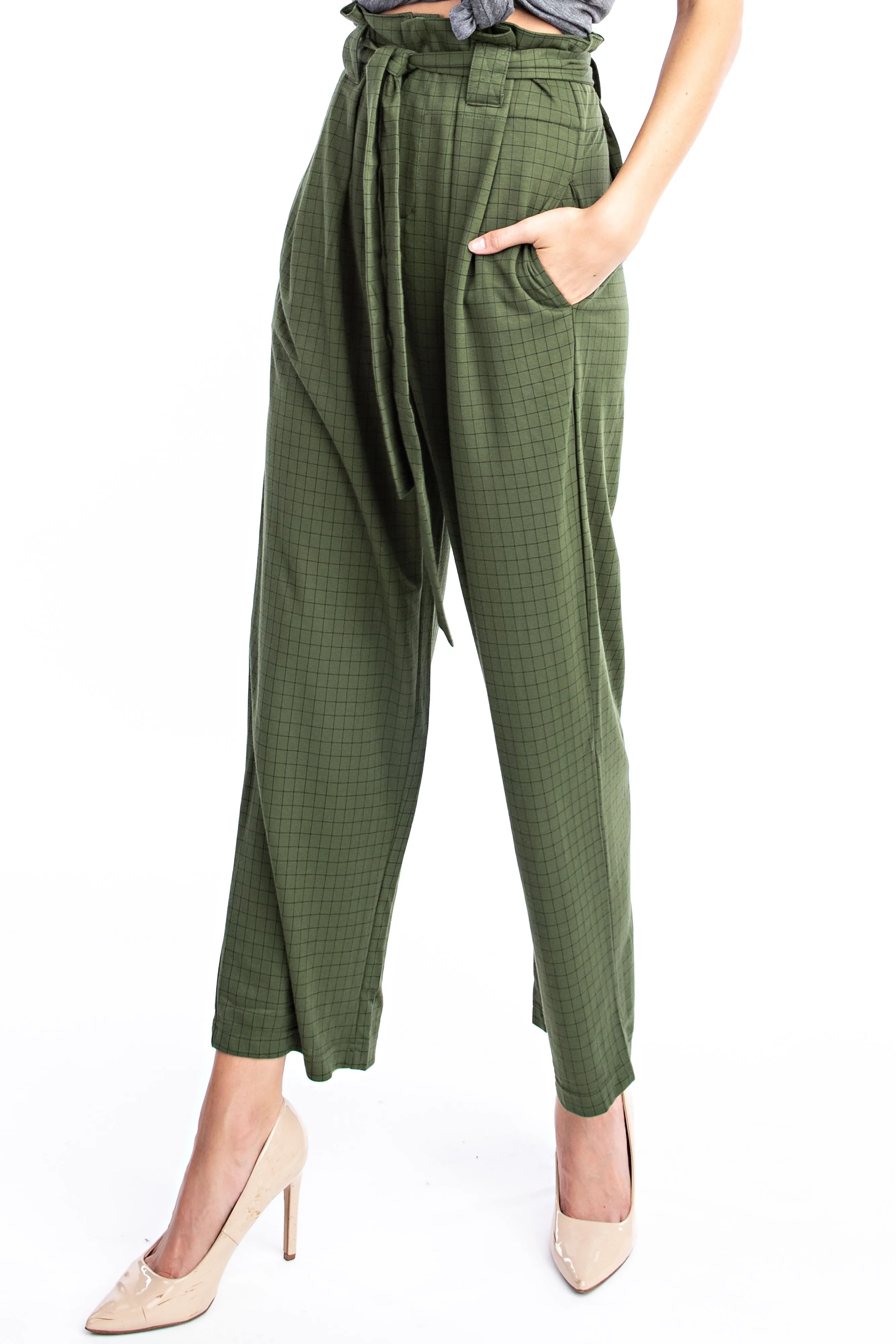 Olive Plaid Paper Bag Pant