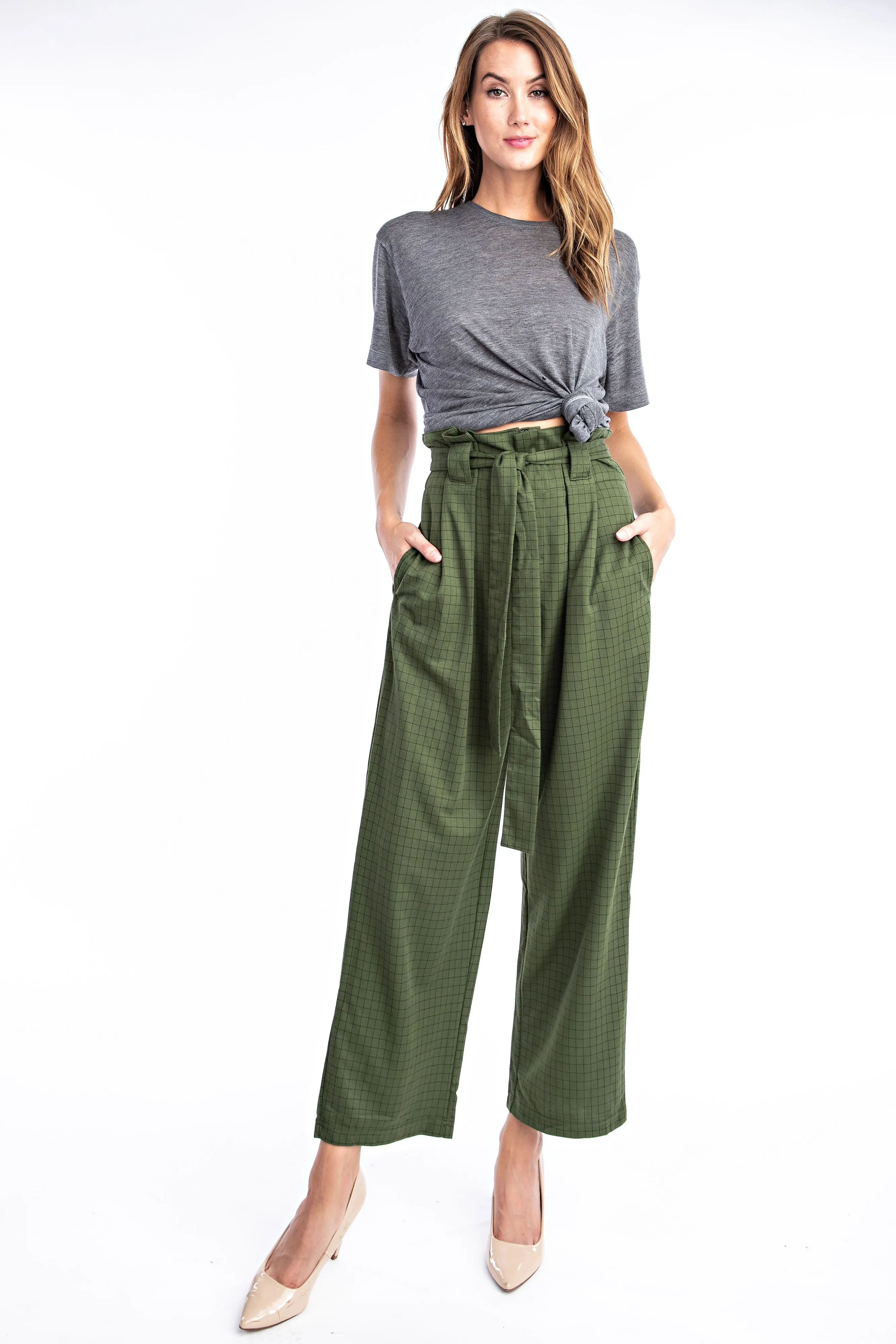 Olive Plaid Paper Bag Pant