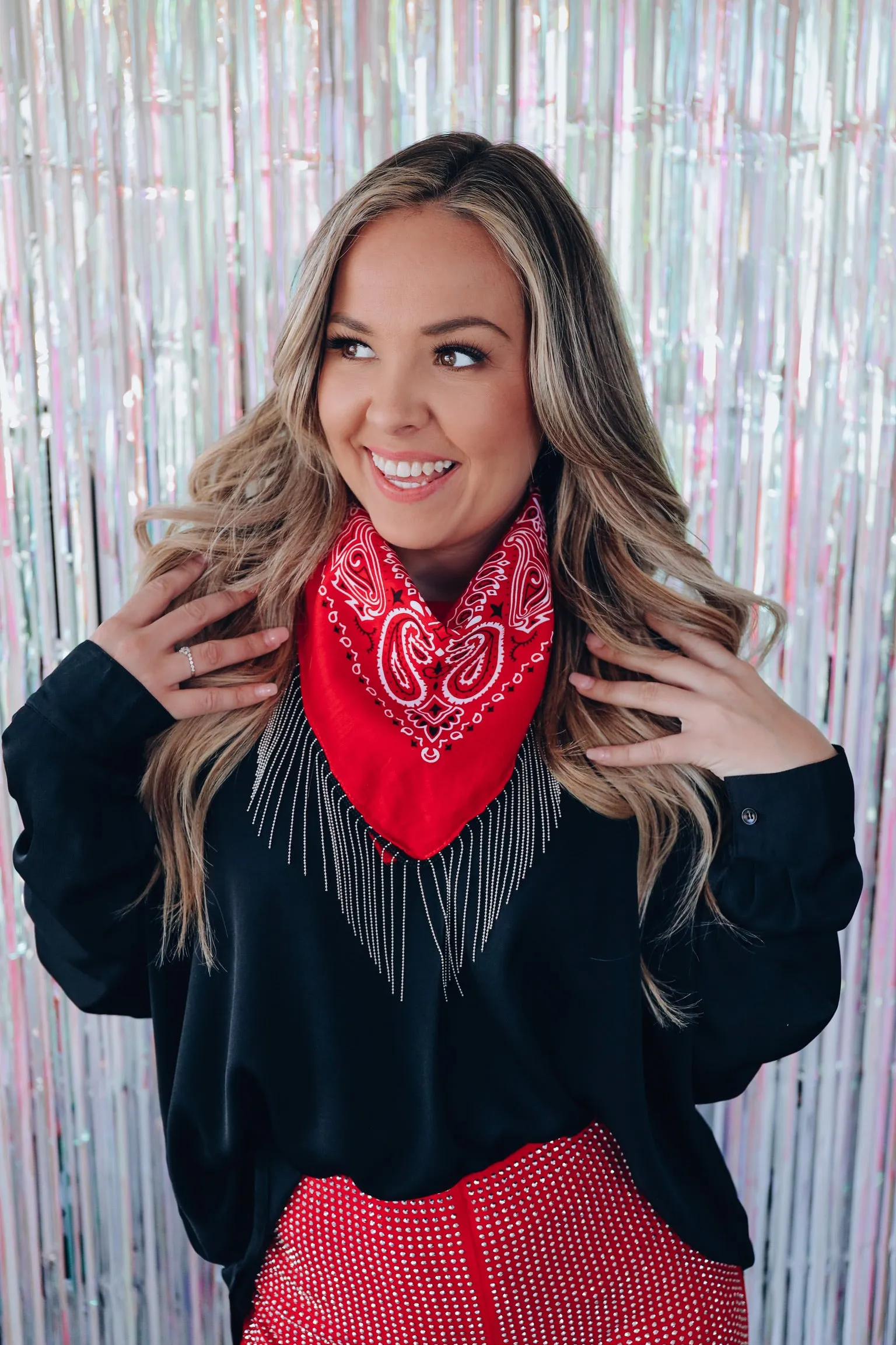 Paisley Bling Fringe Bandana - Red/Chain