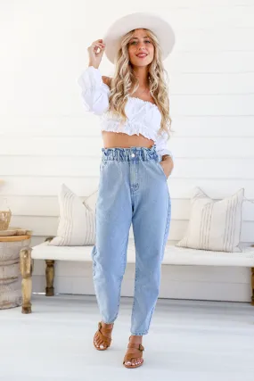 Paper Bag Waist Mum Jeans - Light Blue