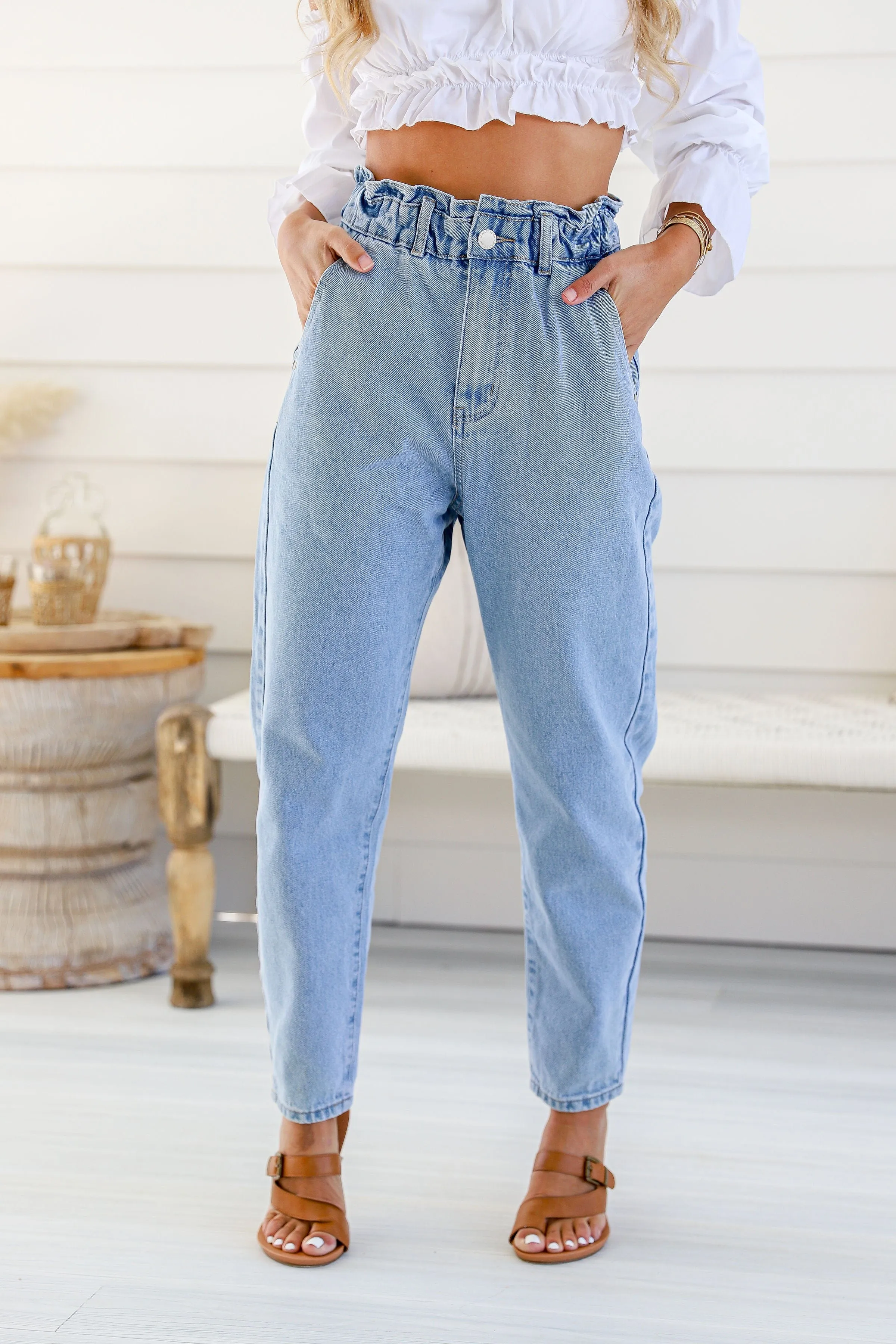 Paper Bag Waist Mum Jeans - Light Blue