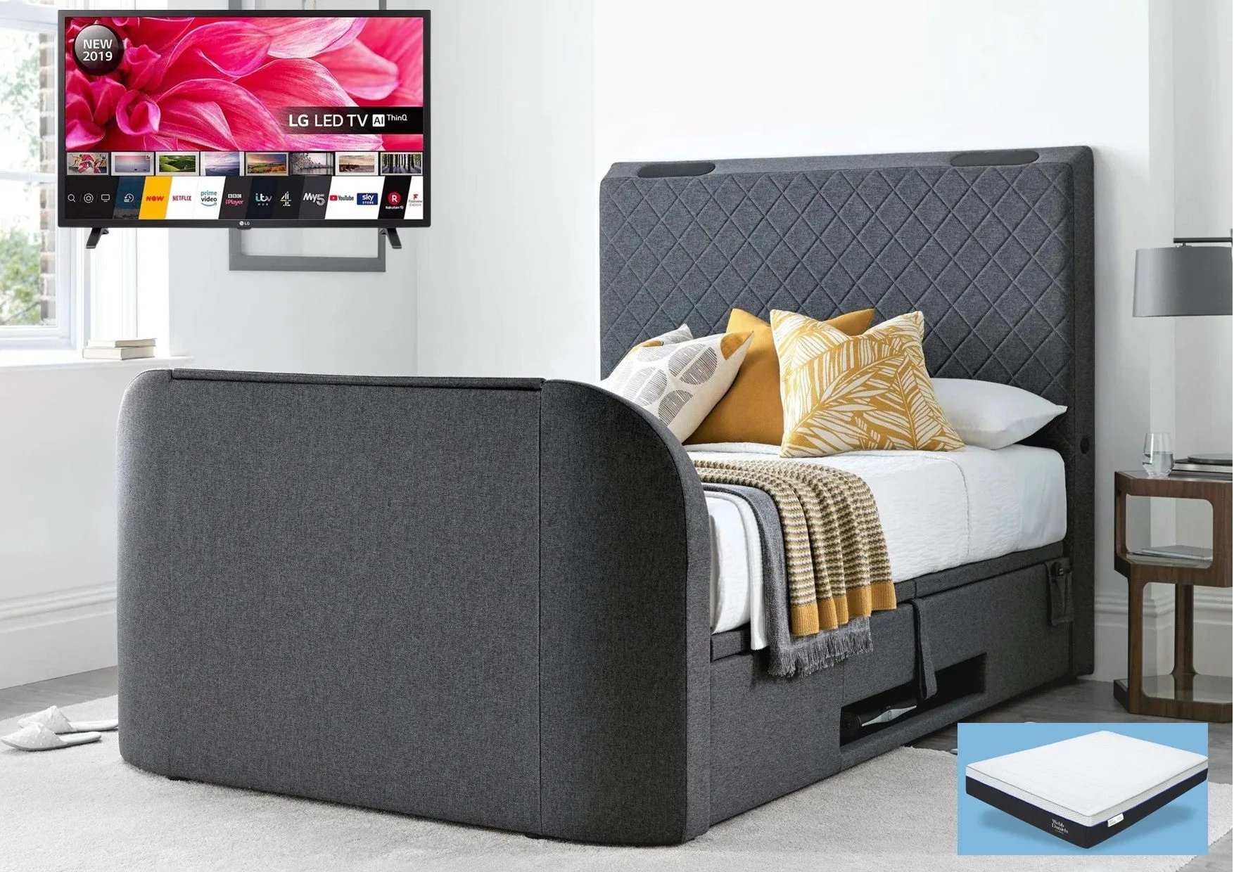 Paris Ottoman TV Bed in Genie Grey Fabric Sound Bar 4.1 Media TV Bed