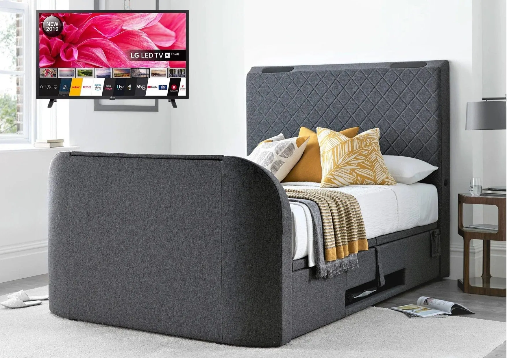 Paris Ottoman TV Bed in Genie Grey Fabric Sound Bar 4.1 Media TV Bed