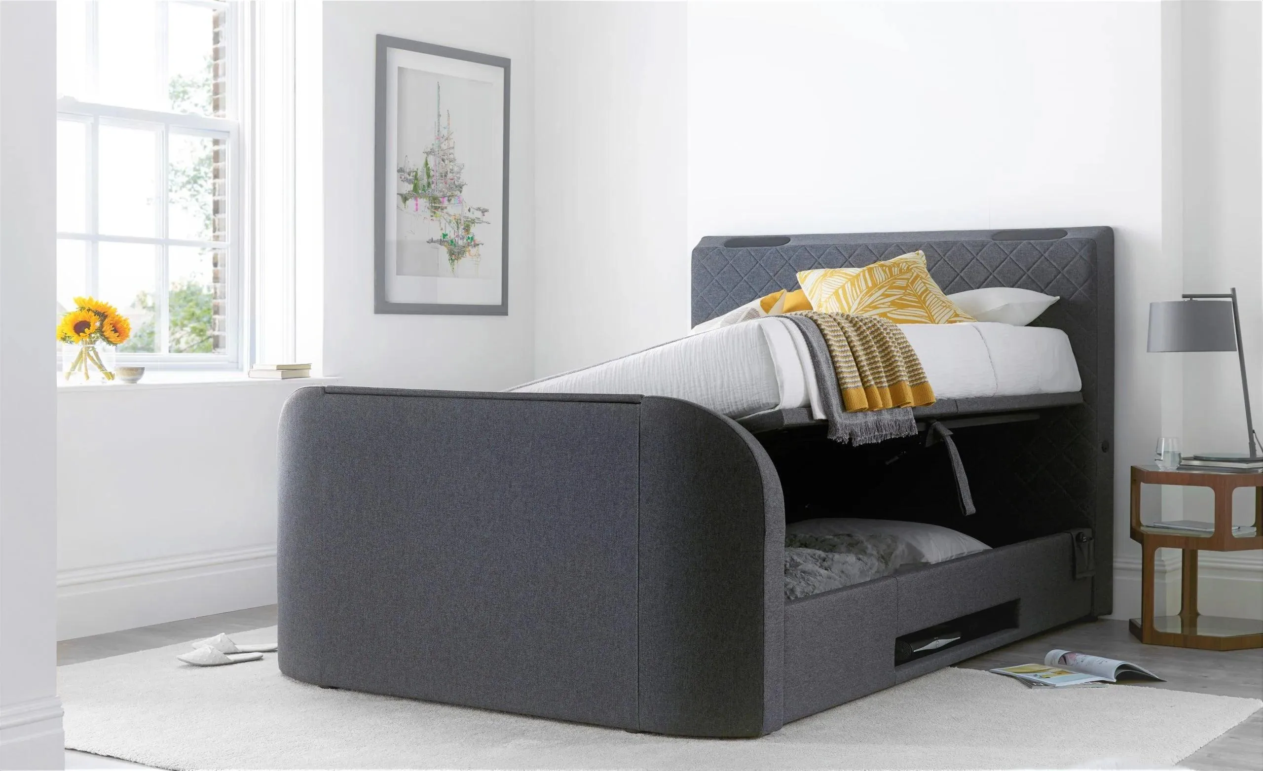 Paris Ottoman TV Bed in Genie Grey Fabric Sound Bar 4.1 Media TV Bed