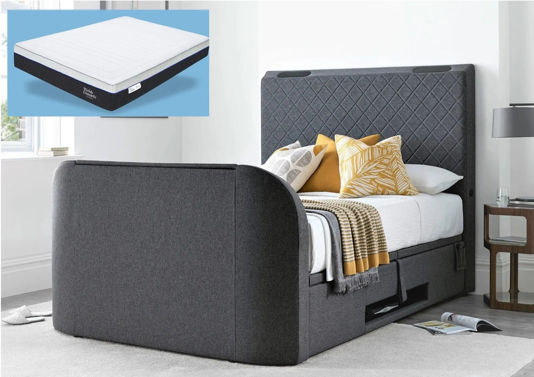 Paris Ottoman TV Bed in Genie Grey Fabric Sound Bar 4.1 Media TV Bed