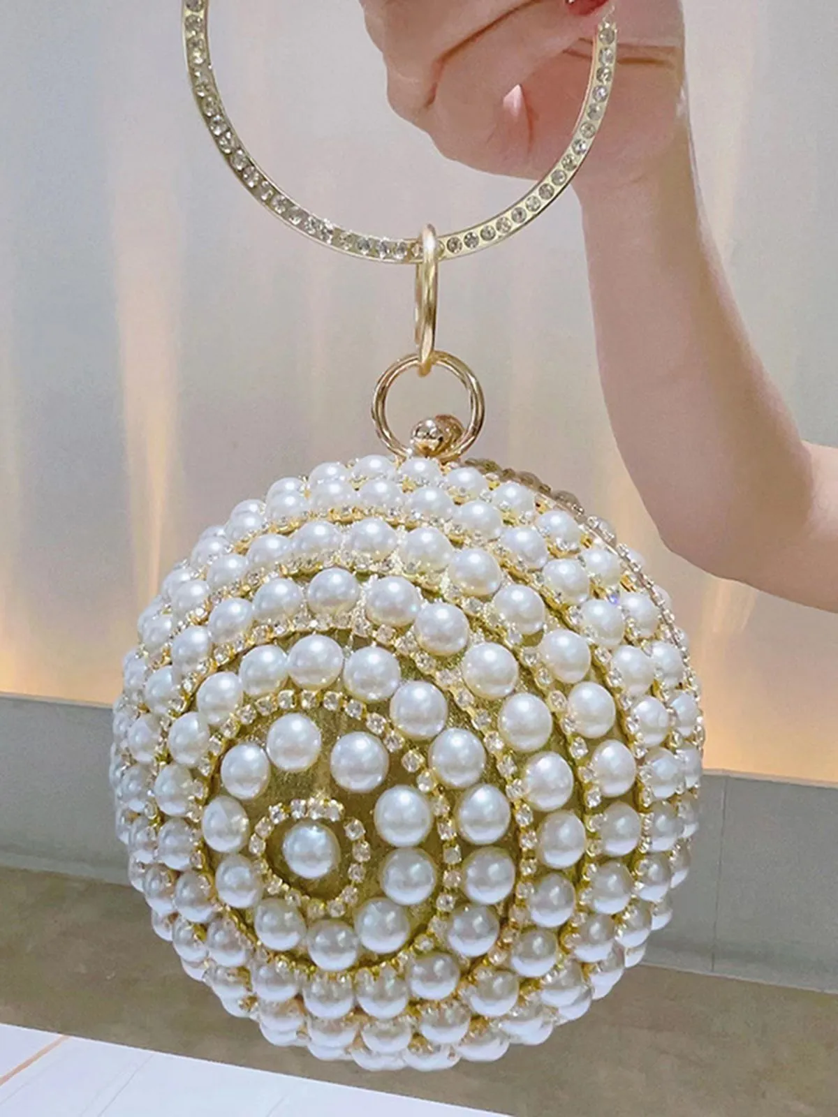 Pearl & Rhinestone 3D Ball Shape Clutch Bag