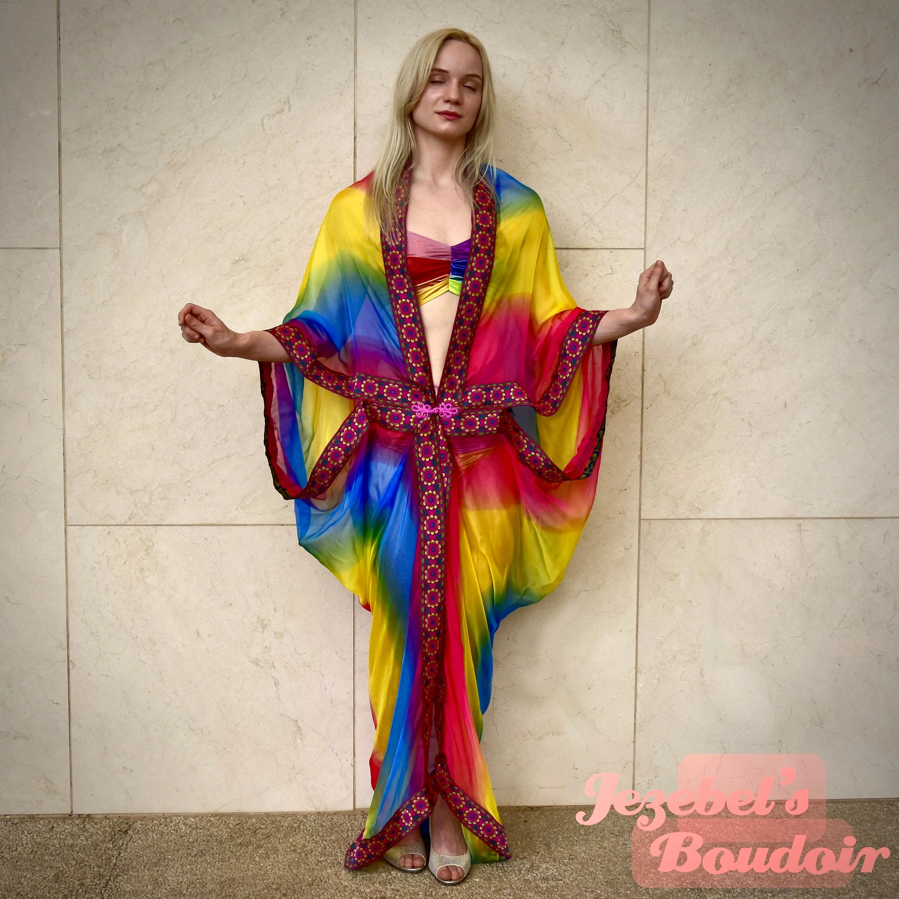 Sheer Rainbow Goddess Art Nouveau Kimono, Burlesque Drag Queen Gay Pride Dressing Gown, Vaudeville Bat Wing Duster, Geisha Cocoon Robe, Silk Poiret Flowing Wrap Dance Carnival Drop Waist Theater Costume Majestic Boudoir Bohemian