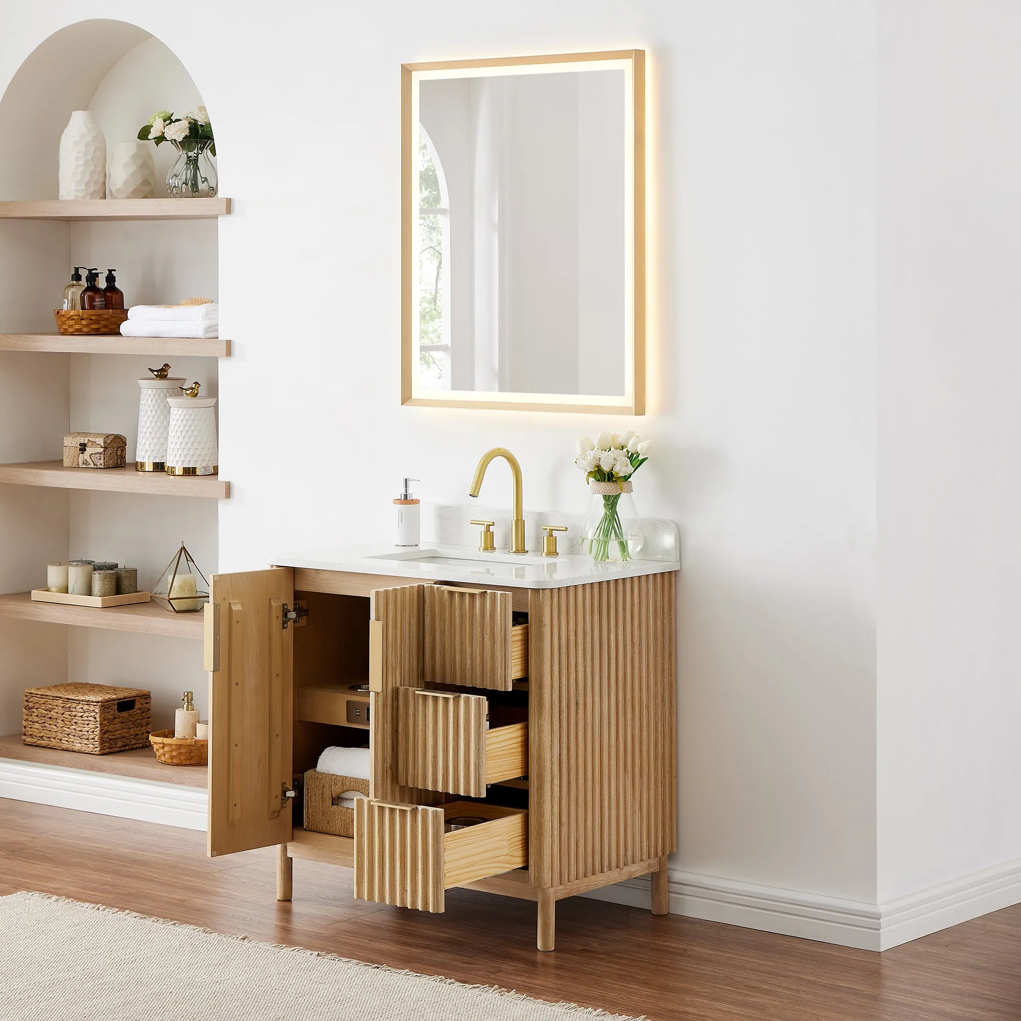 Sierra 36" Single Bathroom Vanity in Washed Light Brown with Engineered Stone Countertop