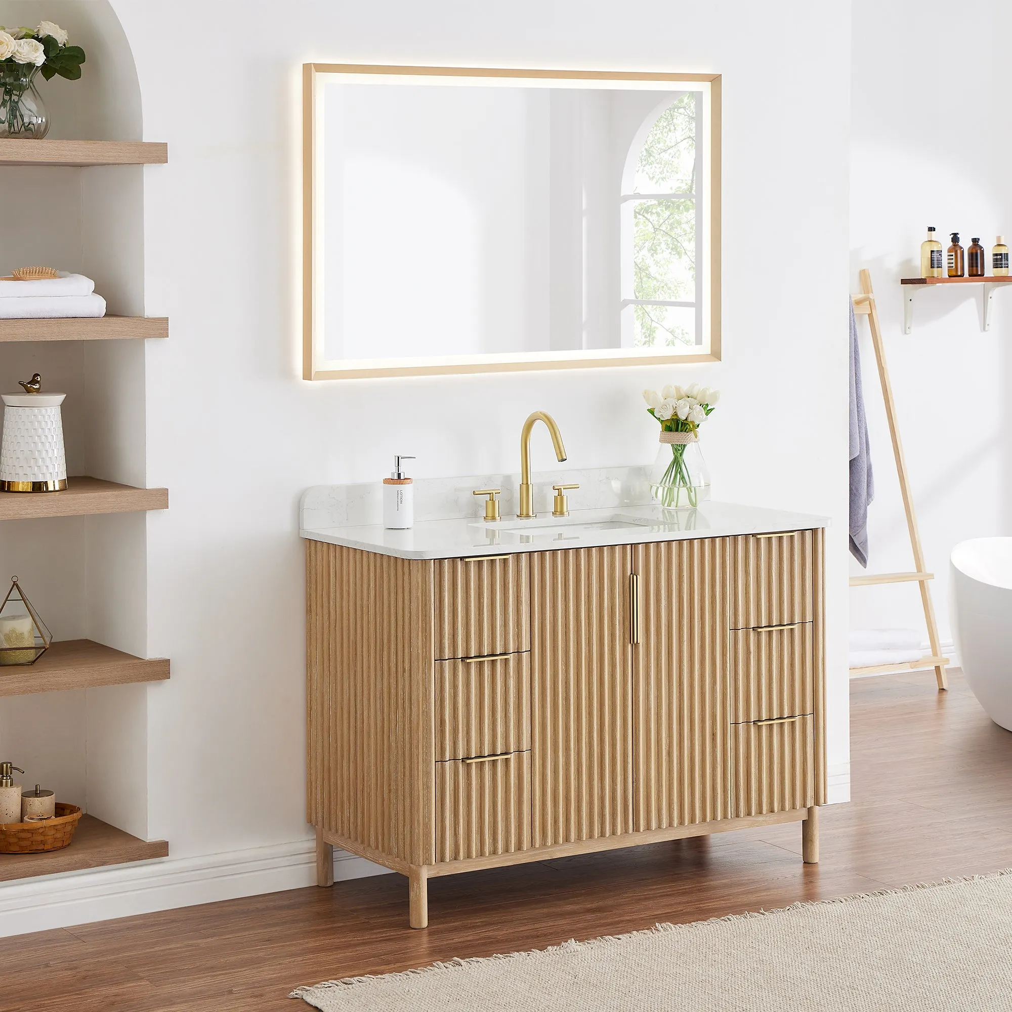 Sierra 48" Single Bathroom Vanity in Washed Light Brown with Engineered Stone Countertop