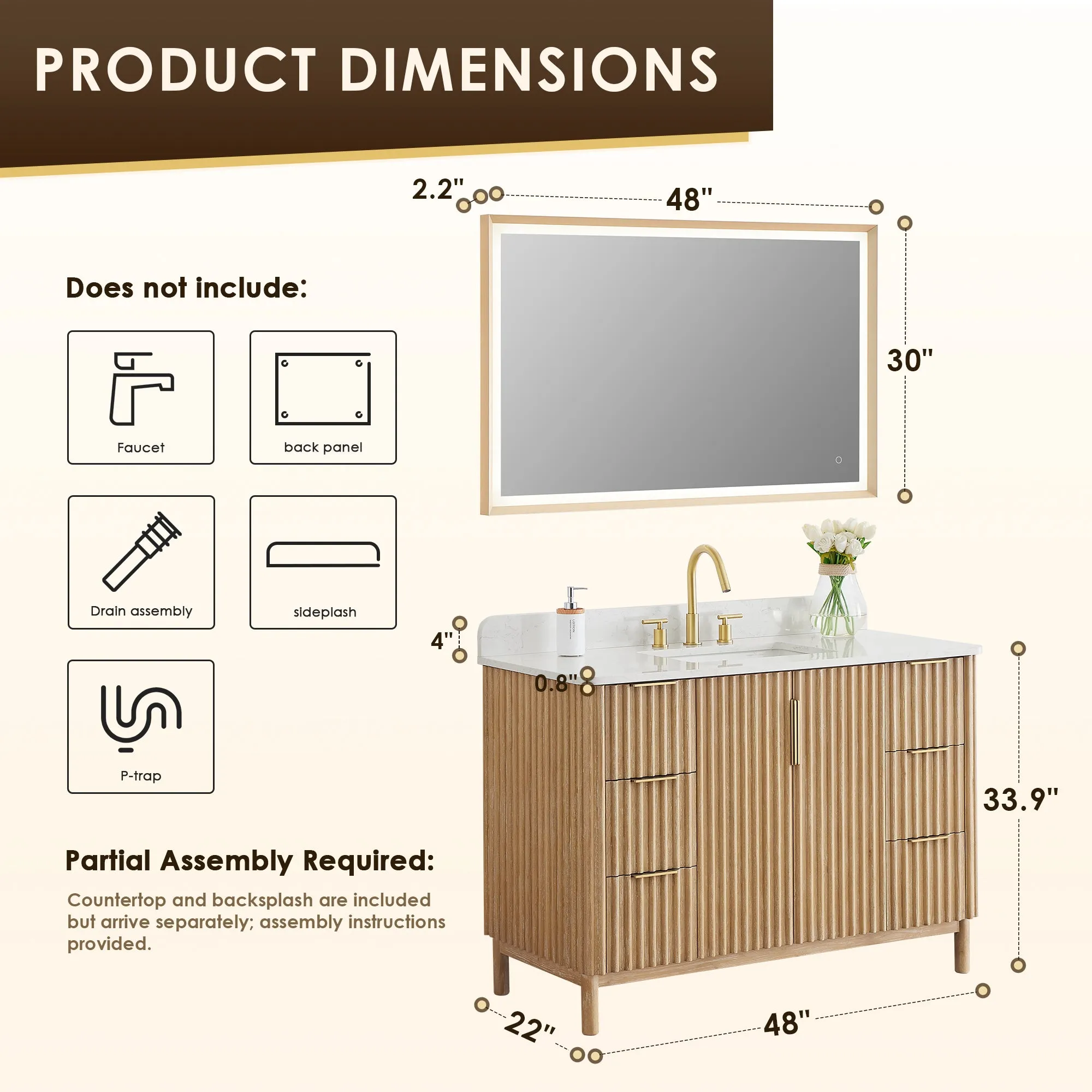 Sierra 48" Single Bathroom Vanity in Washed Light Brown with Engineered Stone Countertop