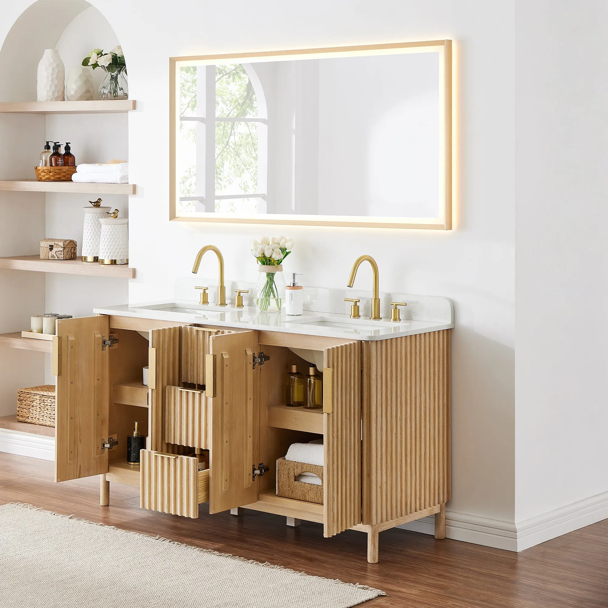 Sierra 60" Double Bathroom Vanity in Washed Light Brown with Engineered Stone Countertop