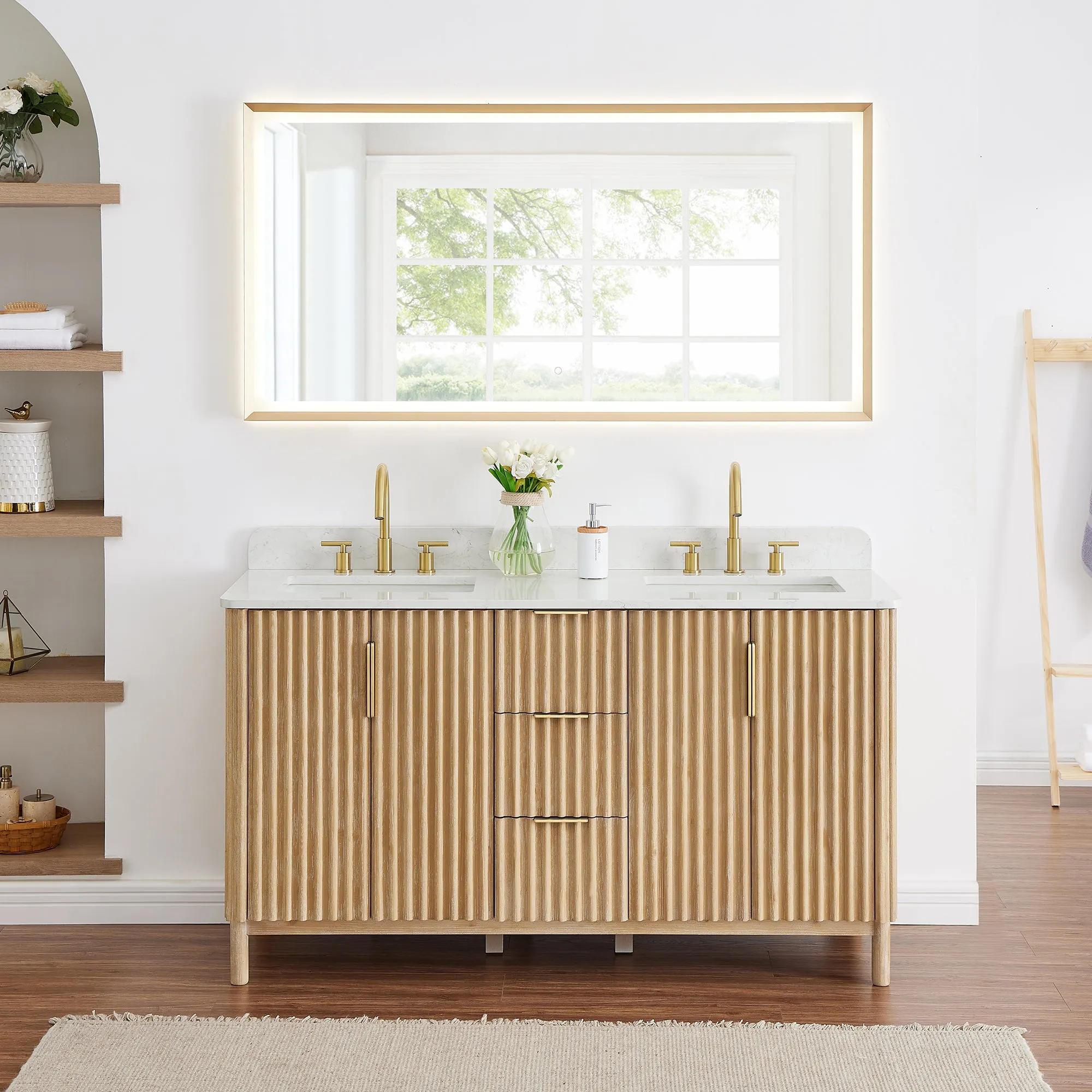 Sierra 60" Double Bathroom Vanity in Washed Light Brown with Engineered Stone Countertop