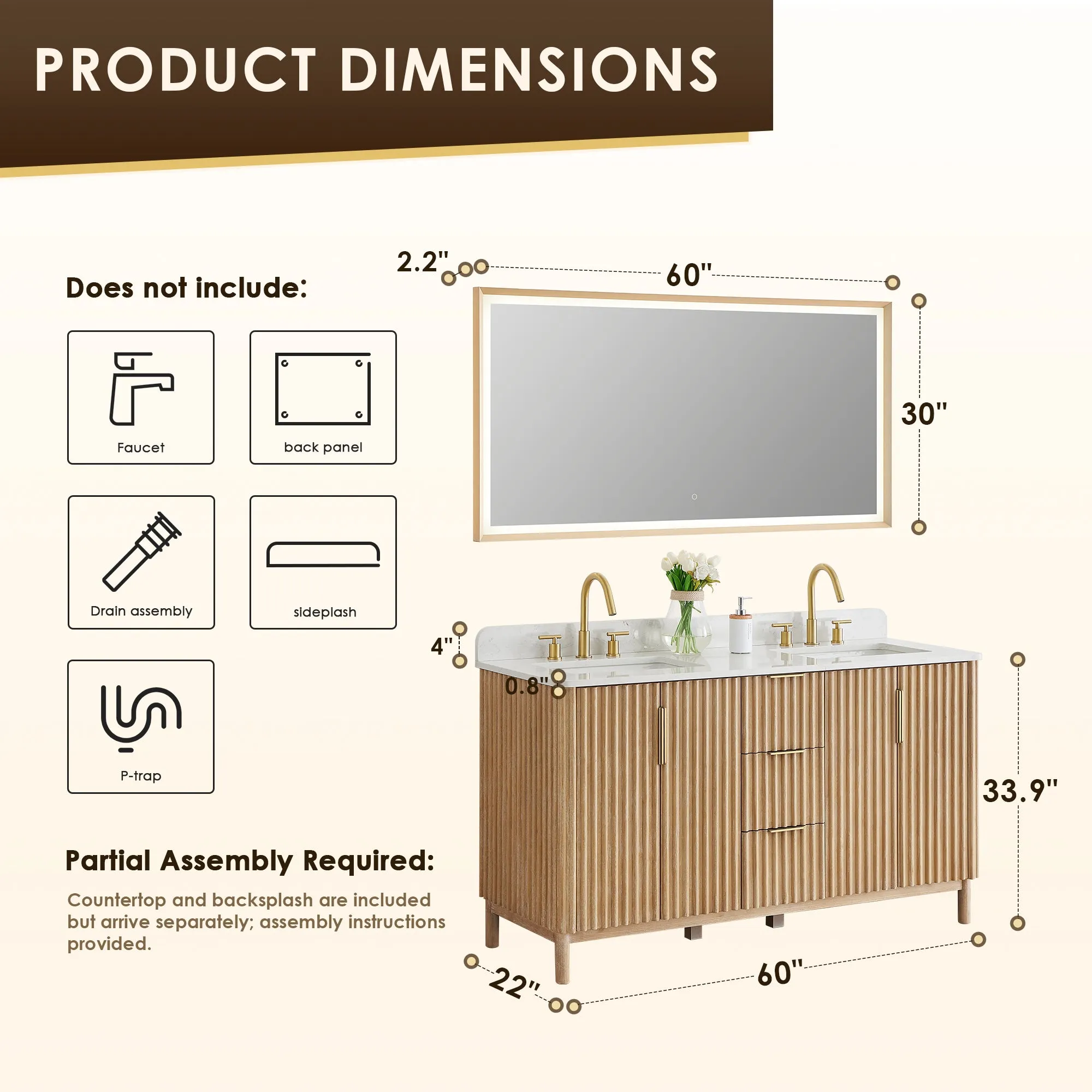 Sierra 60" Double Bathroom Vanity in Washed Light Brown with Engineered Stone Countertop