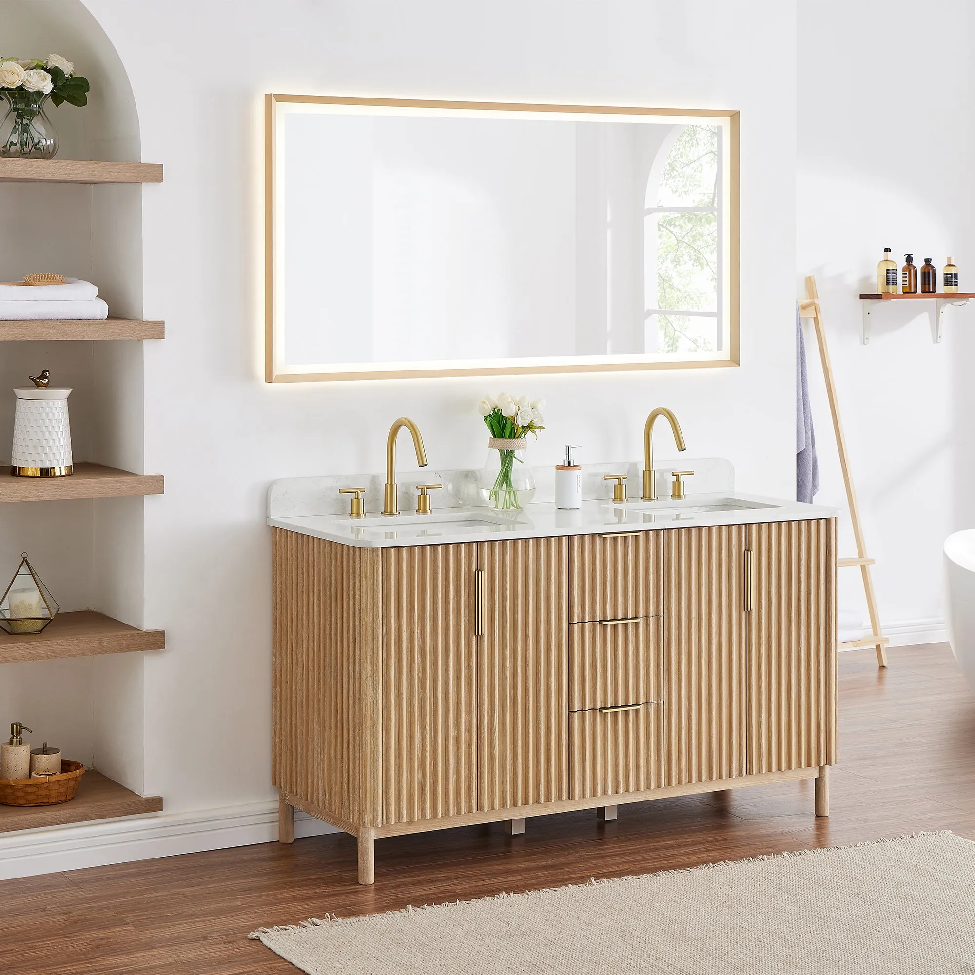 Sierra 60" Double Bathroom Vanity in Washed Light Brown with Engineered Stone Countertop