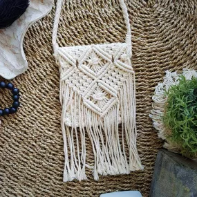 Small Natural Woven White Macrame Bag With Long Fringe