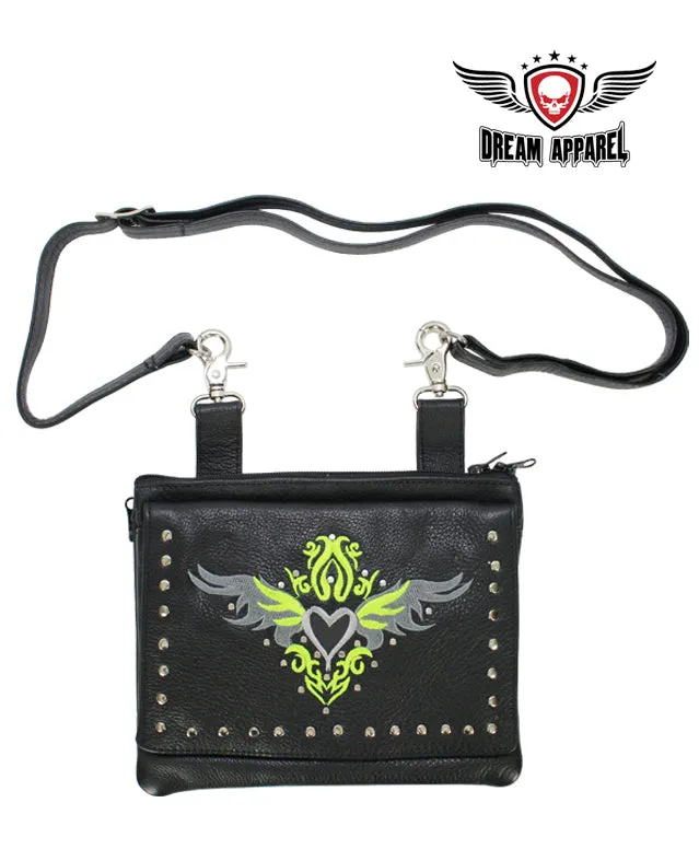 Studded Naked Cowhide Leather Belt Bag with Lime Green/Gray Heart