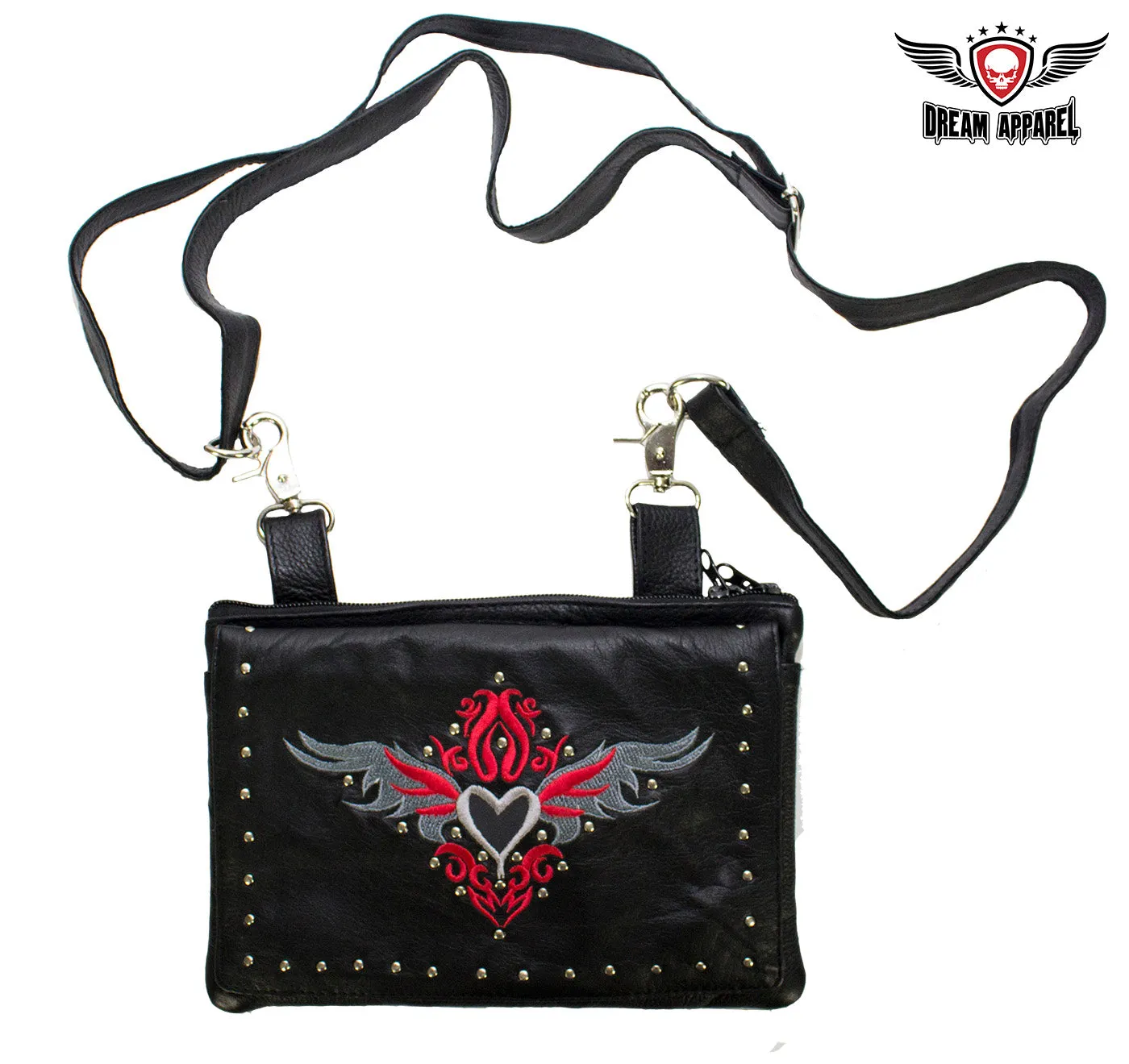 Studded Naked Cowhide Leather Gun Holster Belt Bag with Red & Silver Heart