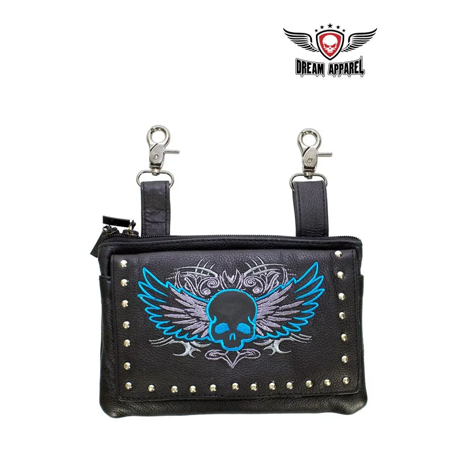 Studded Naked Cowhide Leather Turquoise Skull Belt Bag