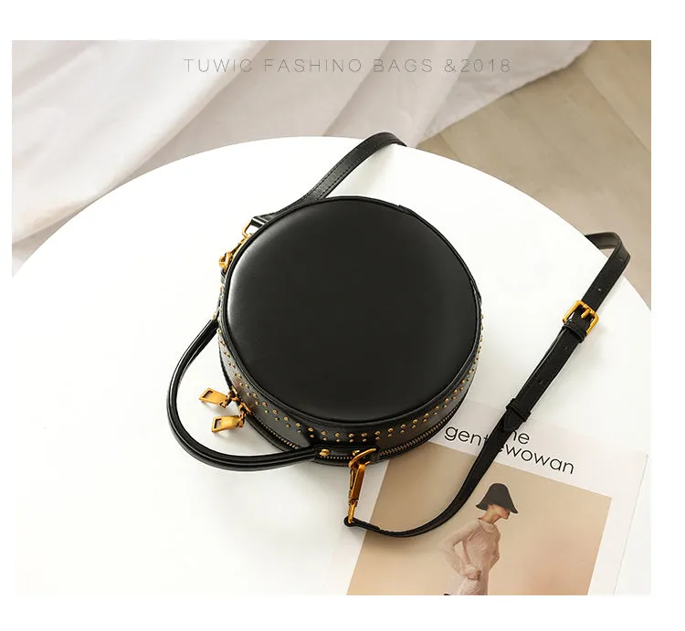 Studded Round Leather Crossbody Bag Purse