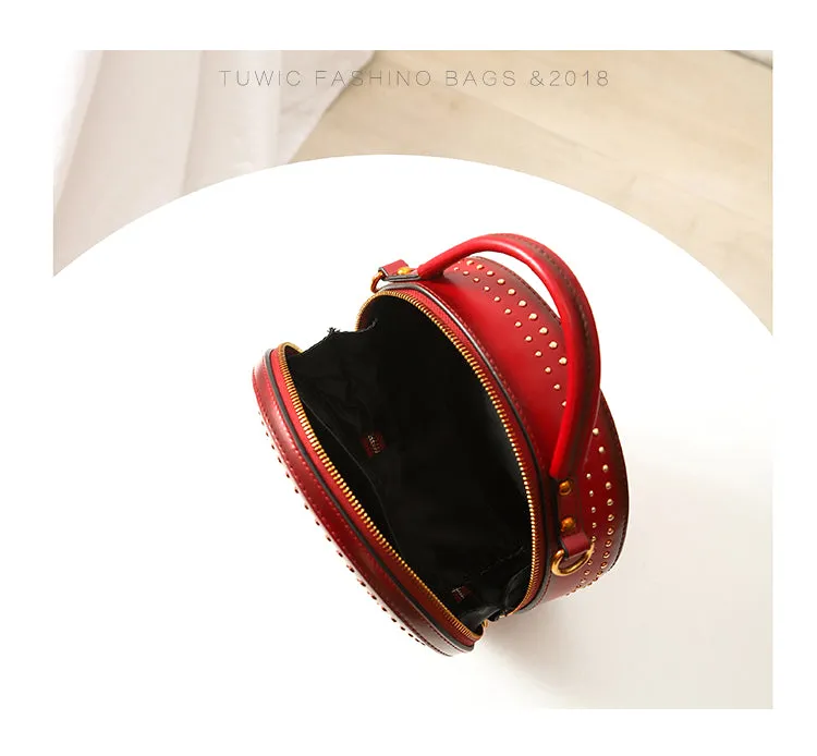 Studded Round Leather Crossbody Bag Purse