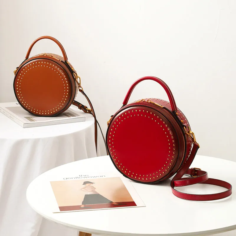 Studded Round Leather Crossbody Bag Purse