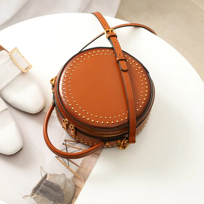 Studded Round Leather Crossbody Bag Purse