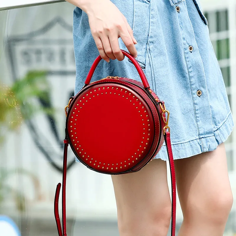 Studded Round Leather Crossbody Bag Purse