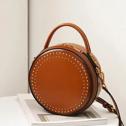 Studded Round Leather Crossbody Bag Purse