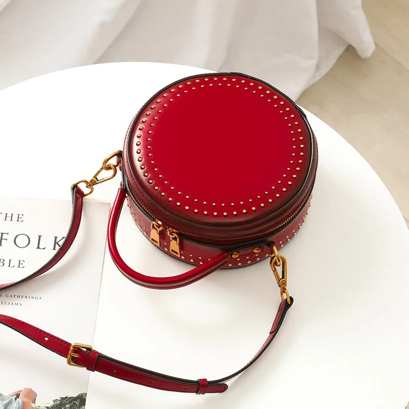 Studded Round Leather Crossbody Bag Purse