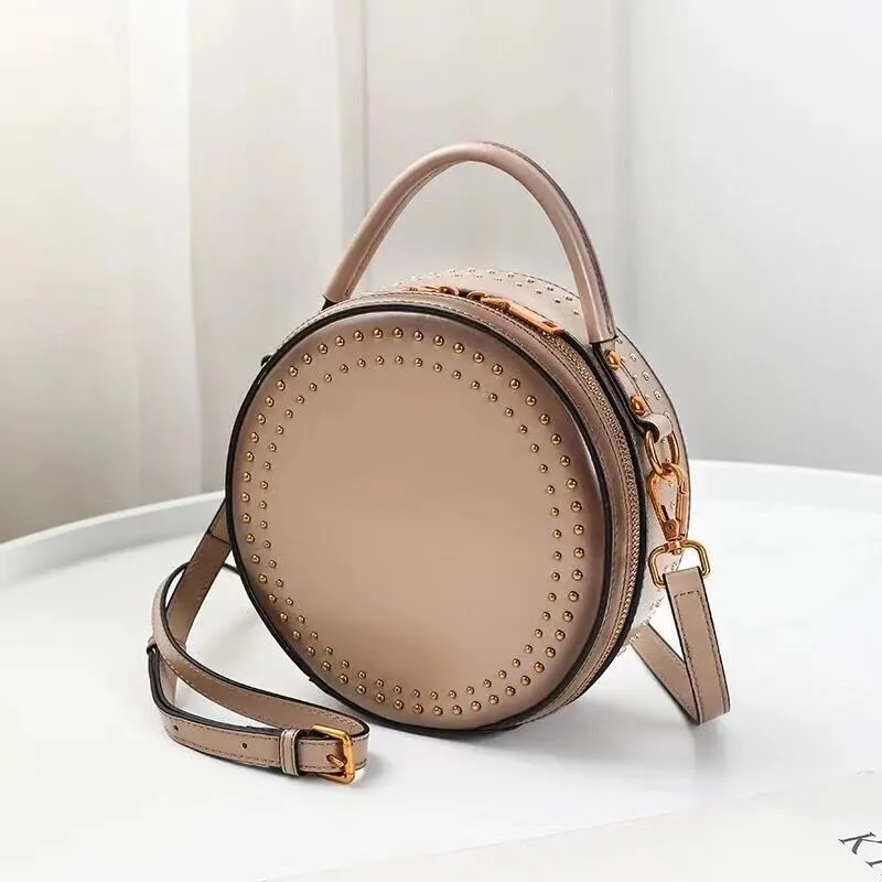 Studded Round Leather Crossbody Bag Purse