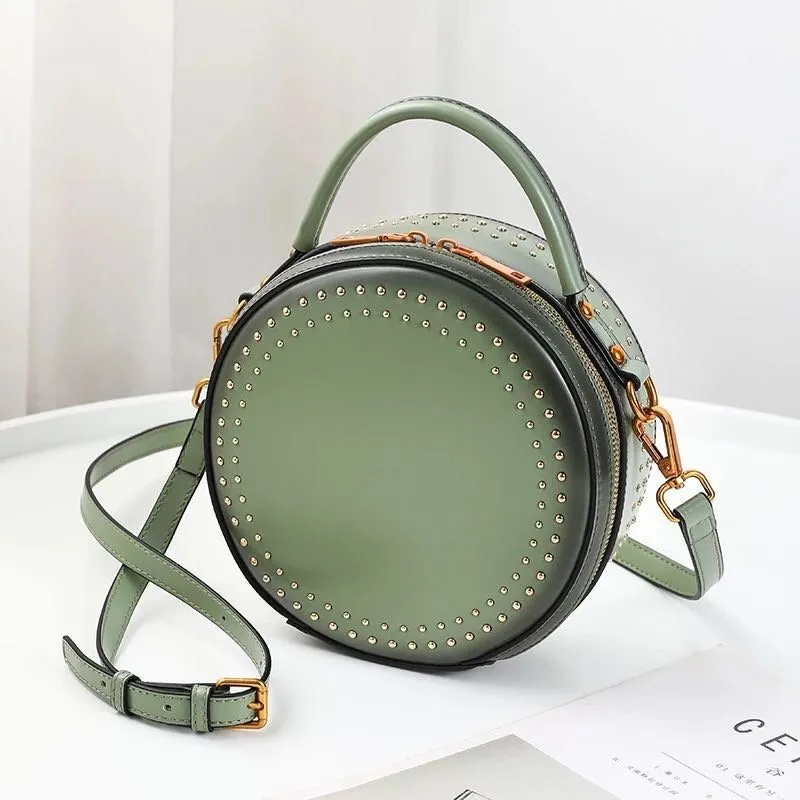 Studded Round Leather Crossbody Bag Purse