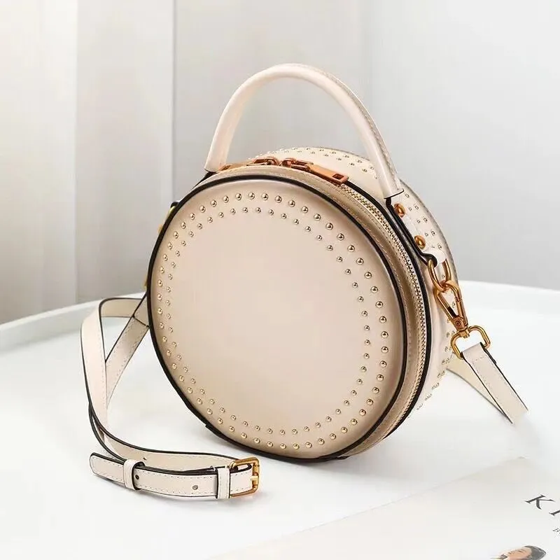 Studded Round Leather Crossbody Bag Purse