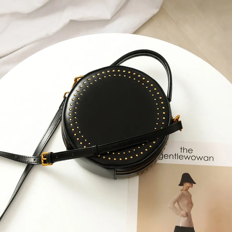 Studded Round Leather Crossbody Bag Purse