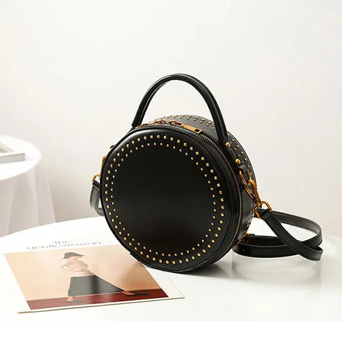 Studded Round Leather Crossbody Bag Purse