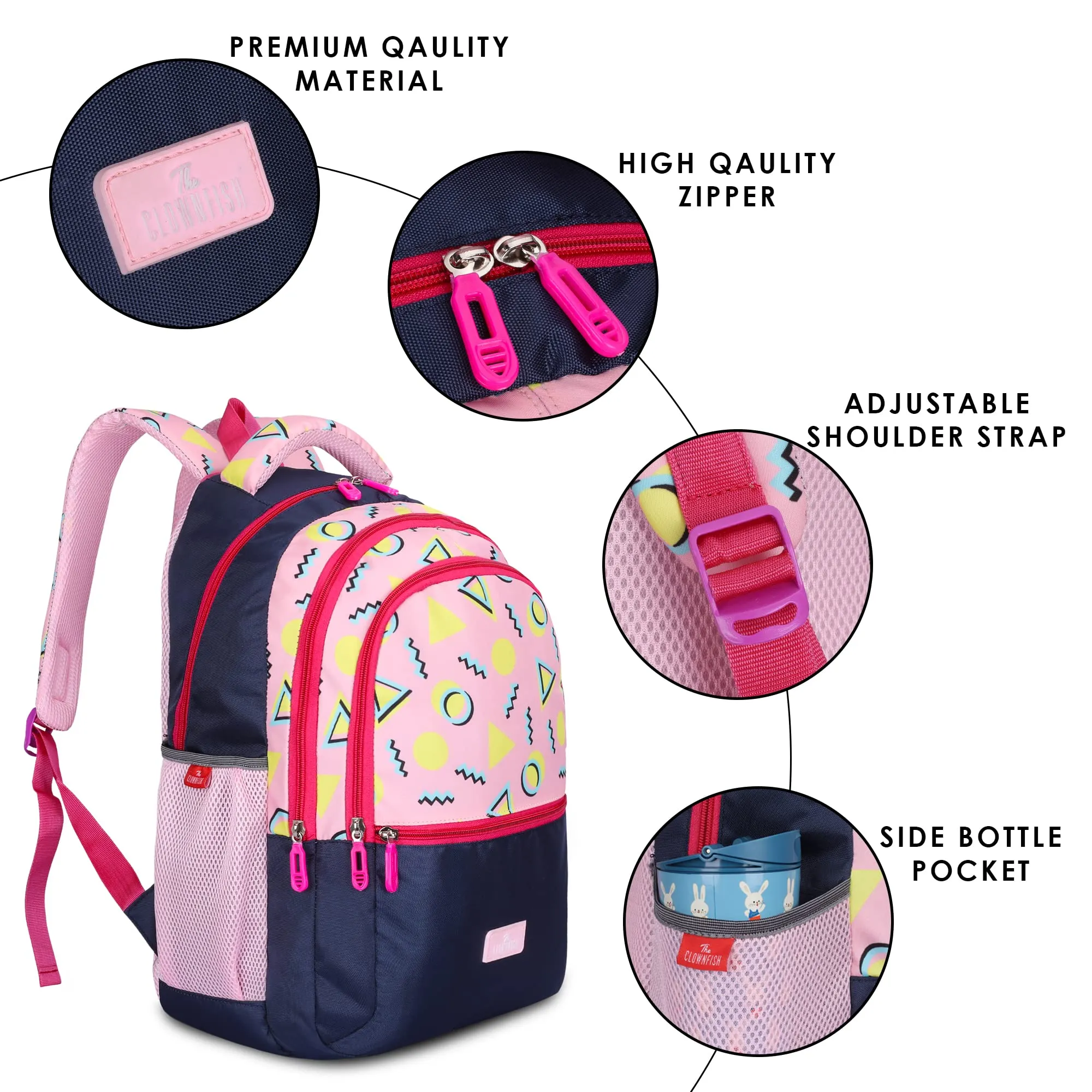 THE CLOWNFISH Edutrek Series Printed Polyester 36 L School Backpack with Pencil/Stationery Pouch School Bag Front Zip Pocket Daypack Picnic Bag For School Going Boys & Girls Age-10  years (Rose Pink)