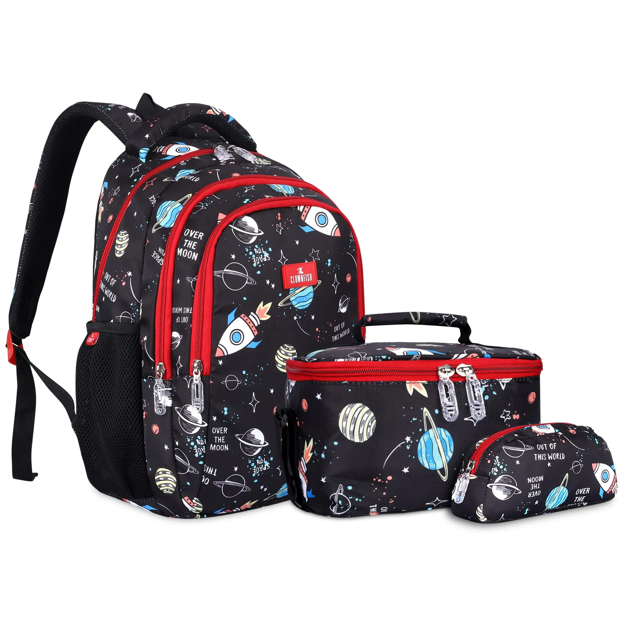 THE CLOWNFISH Fuel & Focus Series Printed Polyester 30 L School Backpack with Pencil/Staionery Pouch & Lunch/Tiffin Bag School Bag Daypack Trio For School Going Boys & Girls (Jet Black)