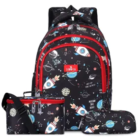 THE CLOWNFISH Fuel & Focus Series Printed Polyester 30 L School Backpack with Pencil/Staionery Pouch & Lunch/Tiffin Bag School Bag Daypack Trio For School Going Boys & Girls (Jet Black)