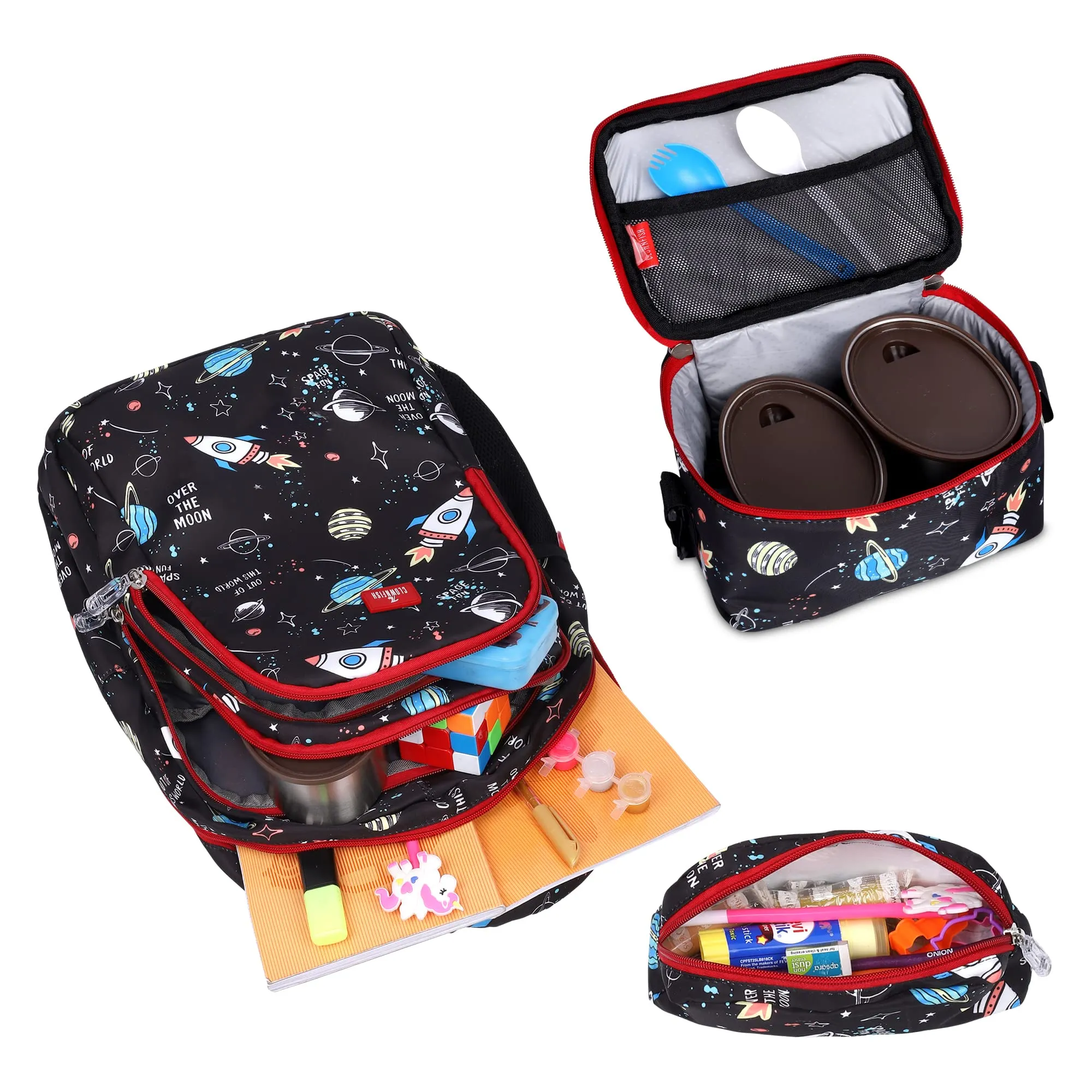 THE CLOWNFISH Fuel & Focus Series Printed Polyester 30 L School Backpack with Pencil/Staionery Pouch & Lunch/Tiffin Bag School Bag Daypack Trio For School Going Boys & Girls (Jet Black)