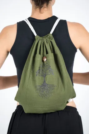 Tree of Life Drawstring Cotton Canvas Backpack in Olive Green