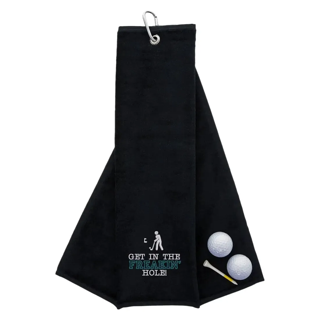 Tri-Fold Golf Towel Embroidered With Get In The Freakin' Hole Logo