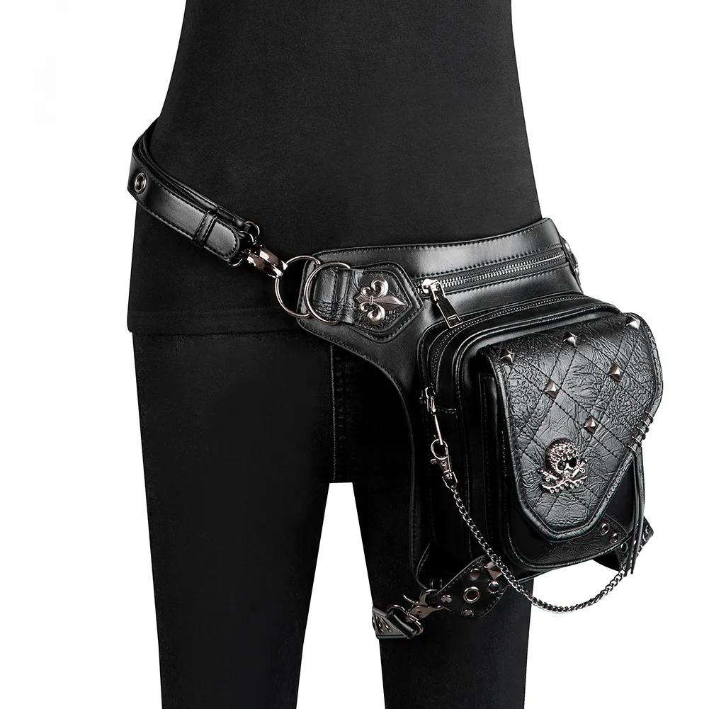 Unisex Steampunk Skull Studded Chain Waist Bag