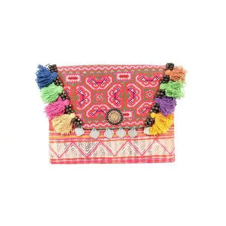 Upcycled Hmong Vintage Fabric Clutch with Tassels & Bells - Thailand