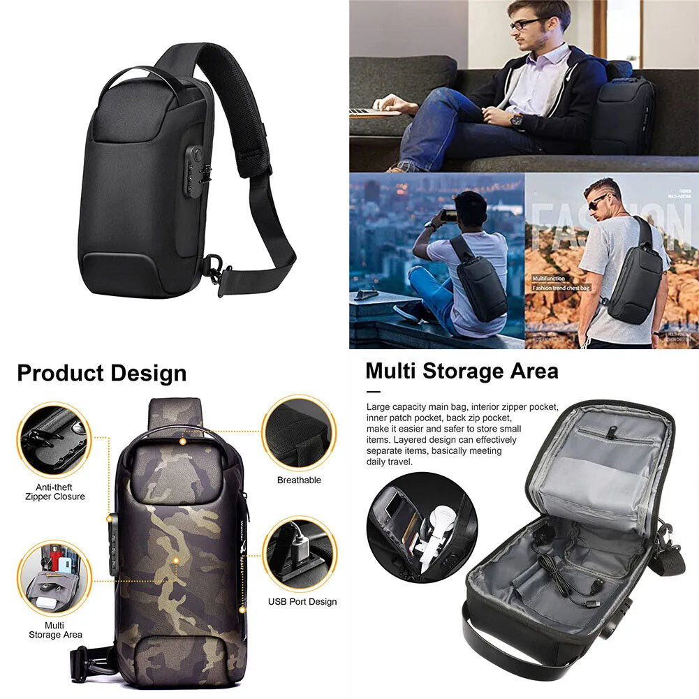 US 1-2 Pcs Sling Backpack USB Port Anti-Theft Men's Chest Shoulder Crossbody Bag