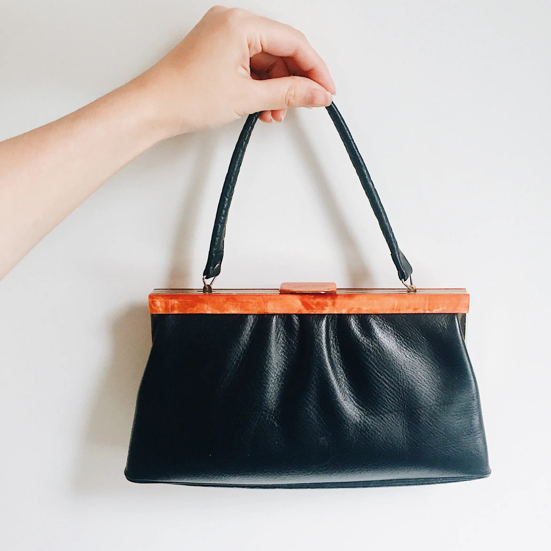 Vintage Honey Lucite Black Faux Leather Handbag