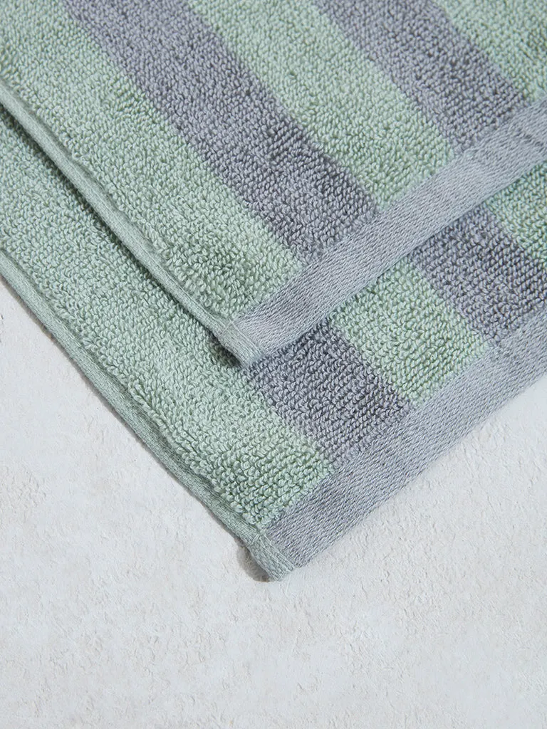 Westside Home Green Broad Striped Face Towel (Set of 2)