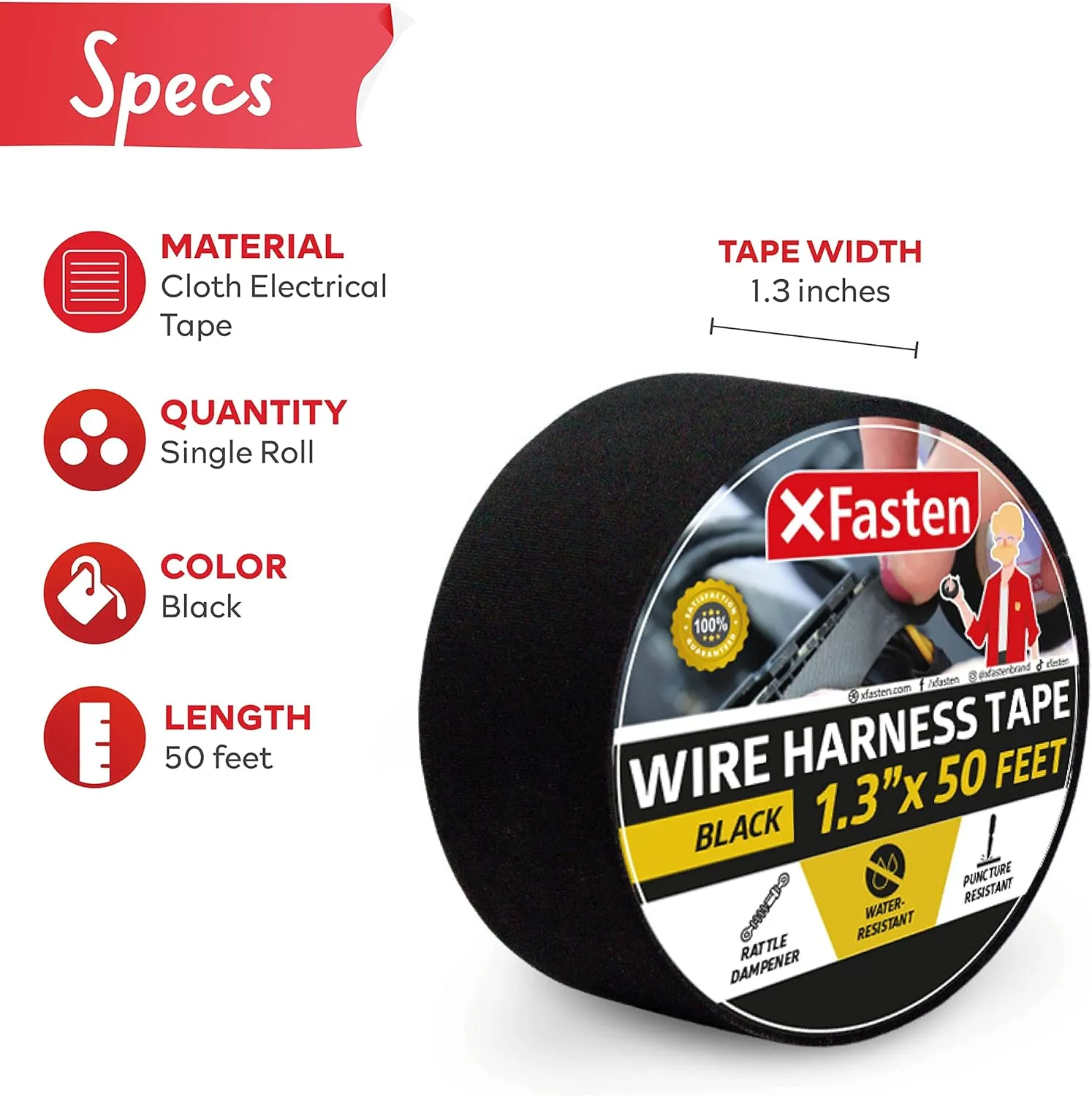 XFasten Wire Harness Tape, 1.3 Inch x 50ft High Temp Wiring Loom Harness Self-Adhesive Felt Cloth Electrical Tape for Automotive Engine and Electrical Audio Wiring | Heat Resistant Tape for Car Engine